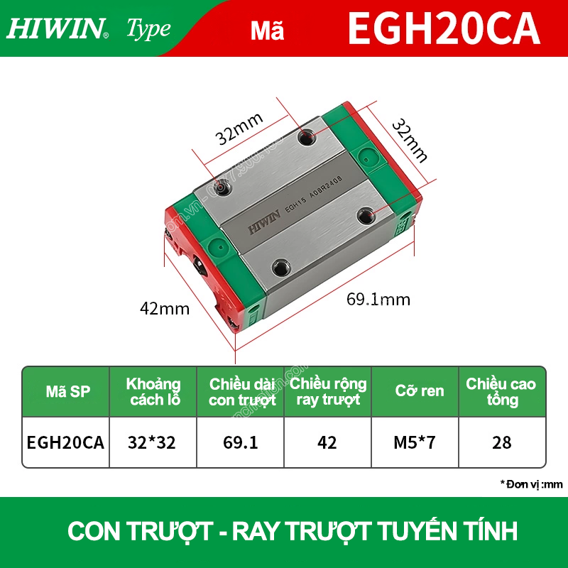 Con trượt vuông tiêu chuẩn EGH20CA (Bi trượt vuông Hiwin type)