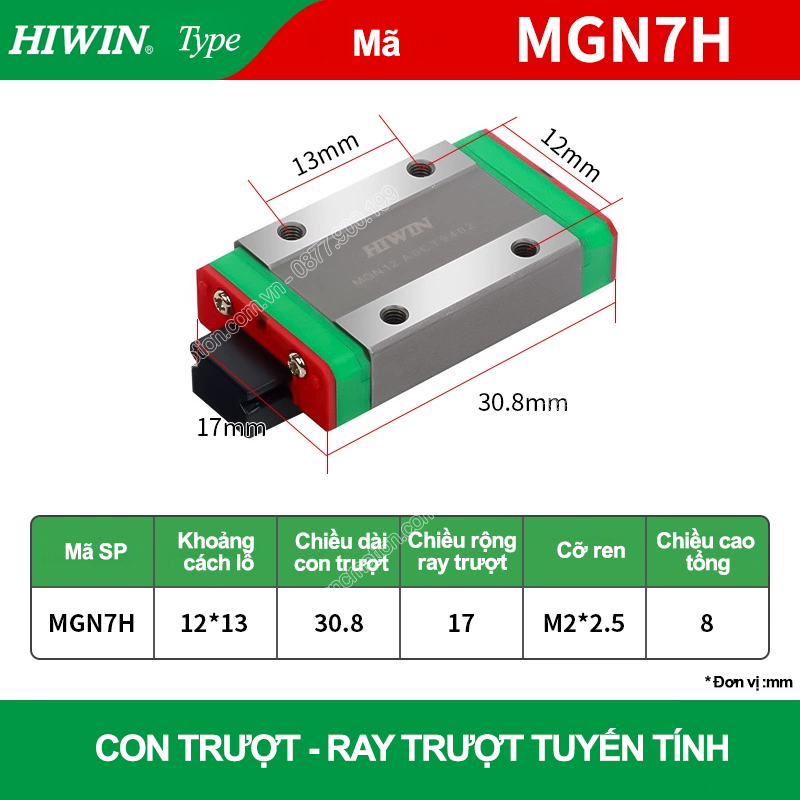 Con trượt vuông mini thân dài MGN7H (Bi trượt mini - Hiwin type)