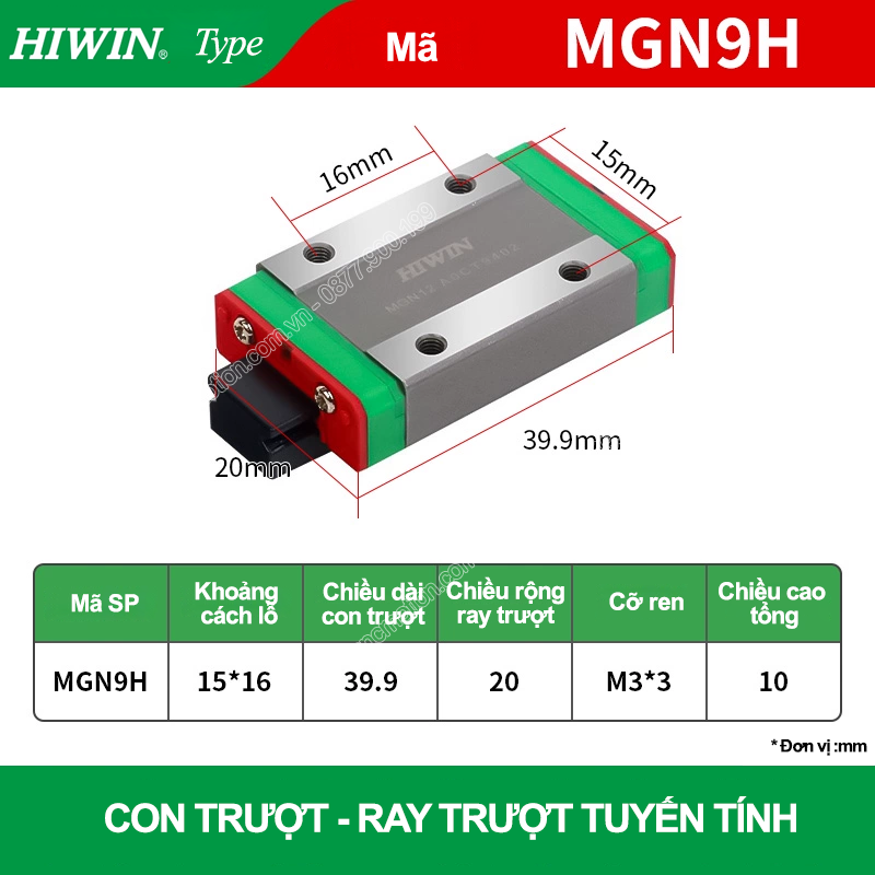 Con trượt vuông mini thân dài MGN9H (Bi trượt mini - Hiwin type)
