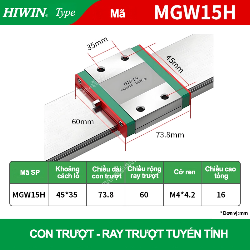 Con trượt vuông mini bản rộng thân dài MGW15H (Bi trượt vuông - Hiwin type)