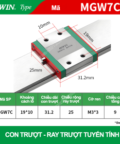 Con trượt vuông mini bản rộng MGW7C (Bi trượt vuông - Hiwin type)
