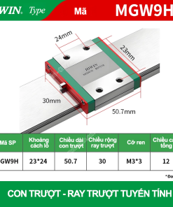 Con trượt vuông mini bản rộng thân dài MGW9H (Bi trượt vuông - Hiwin type)