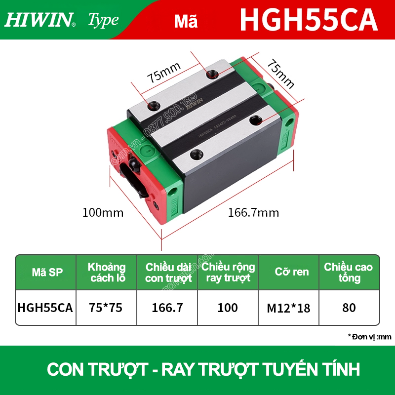 Con trượt vuông tiêu chuẩn HGH55CA (Bi trượt vuông - Hiwin type)