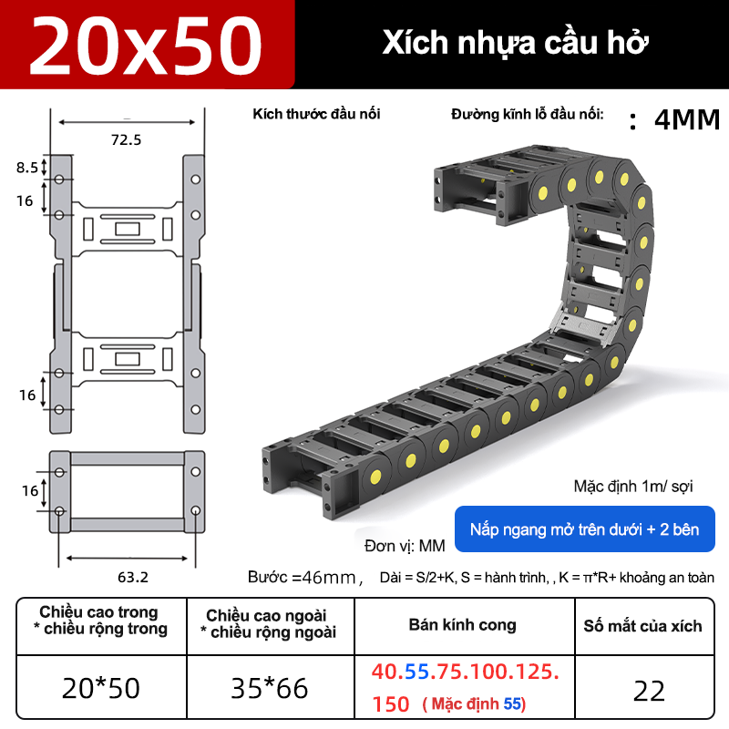 Xích nhựa cầu nắp hở XN20x50 CA NH ( Kích thước trong 20x50mm )