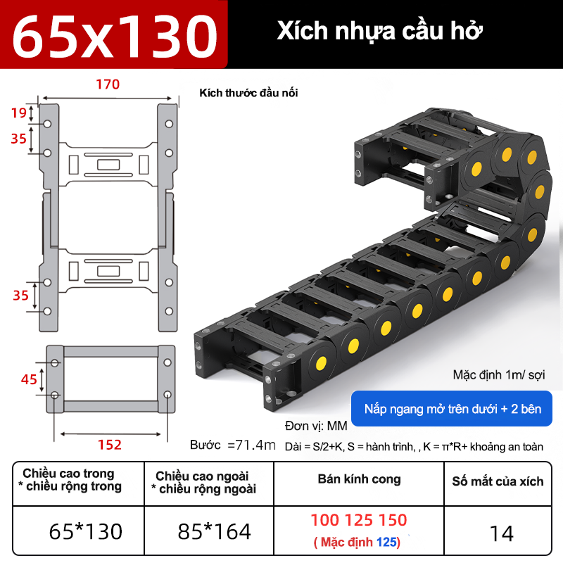 Xích nhựa cầu nắp hở XN65x130 CA NH ( Kích thước trong 65x130mm )