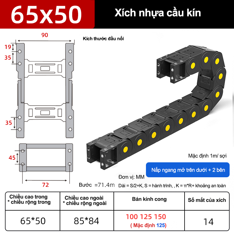 Xích nhựa cầu nắp kín XN65x50 CA NK ( Kích thước trong 65x50mm )