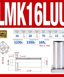 Con trượt tròn mặt bích vuông thân ngắn LMK16UU (Bi trượt tròn)