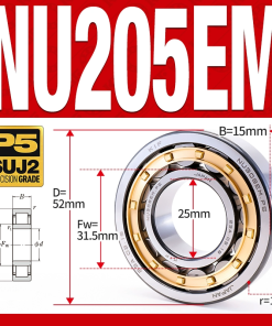 Vòng bi đũa - bạc đạn đũa trụ NU205EM (Trục tự do - lồng cách bi Đồng - kt 25*52*15 mm)