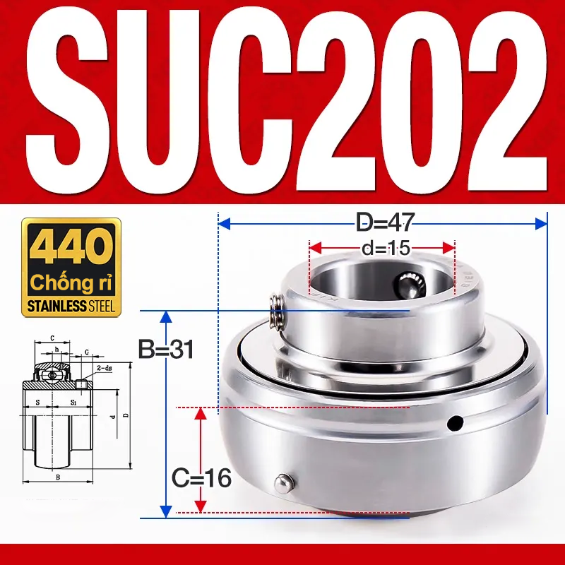 Vòng bi gối SUC202 (Inox 440C - Đường kính trong 15 mm)