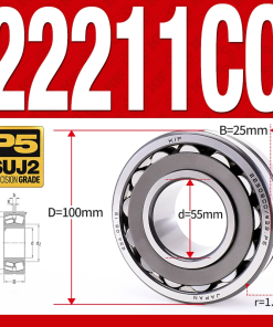 Vòng bi cà na tự lựa 2 dãy - bạc đạn cà na 22211CC/W33 (Có rãnh bôi trơn - lồng cách bi Thép - kt 55*100*25 mm)
